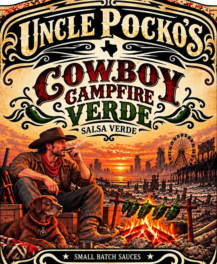 Uncle Pocko's Cowboy Campfire Verde salsa label — a cowboy and his dog by a campfire roasting green chiles