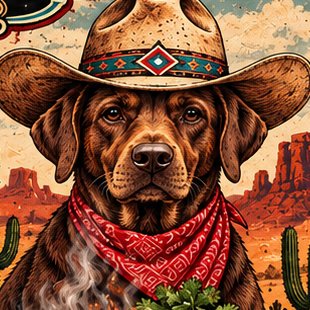 Uncle Pocko's mascot — a dog in a cowboy hat and red bandana